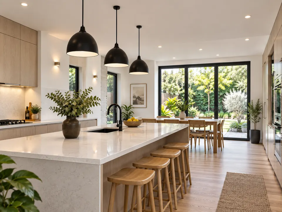 A completed kitchen lighting project with black pendant lamps